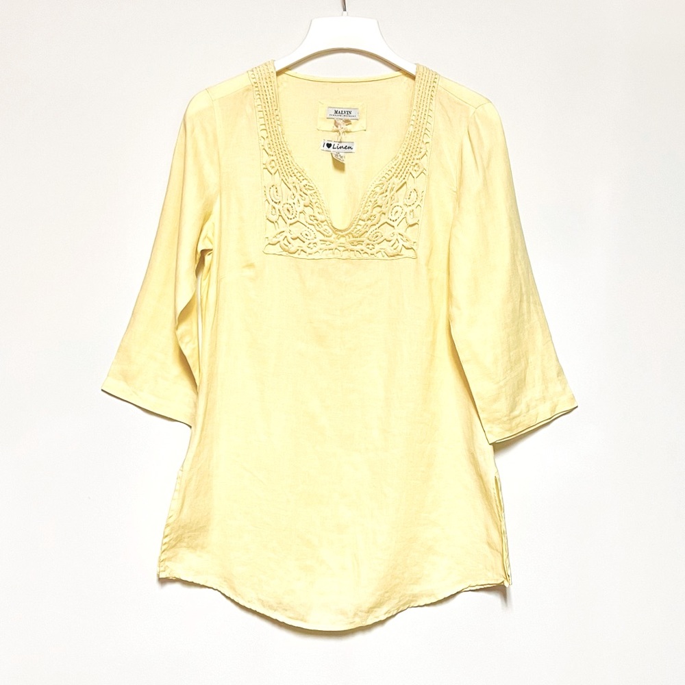 Malvin 100% Linen Yellow Embroidered Longline Tunic Top Hamburg Germany Medium
